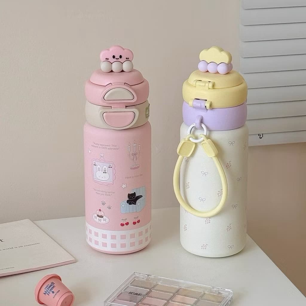 VINBEO Bình Nước Giữ Nhiệt Lạnh Mẫu Voi - Cừu Hoạ Tiết Dễ Thương Dung Tích 500ML ( có ống hút) LY001