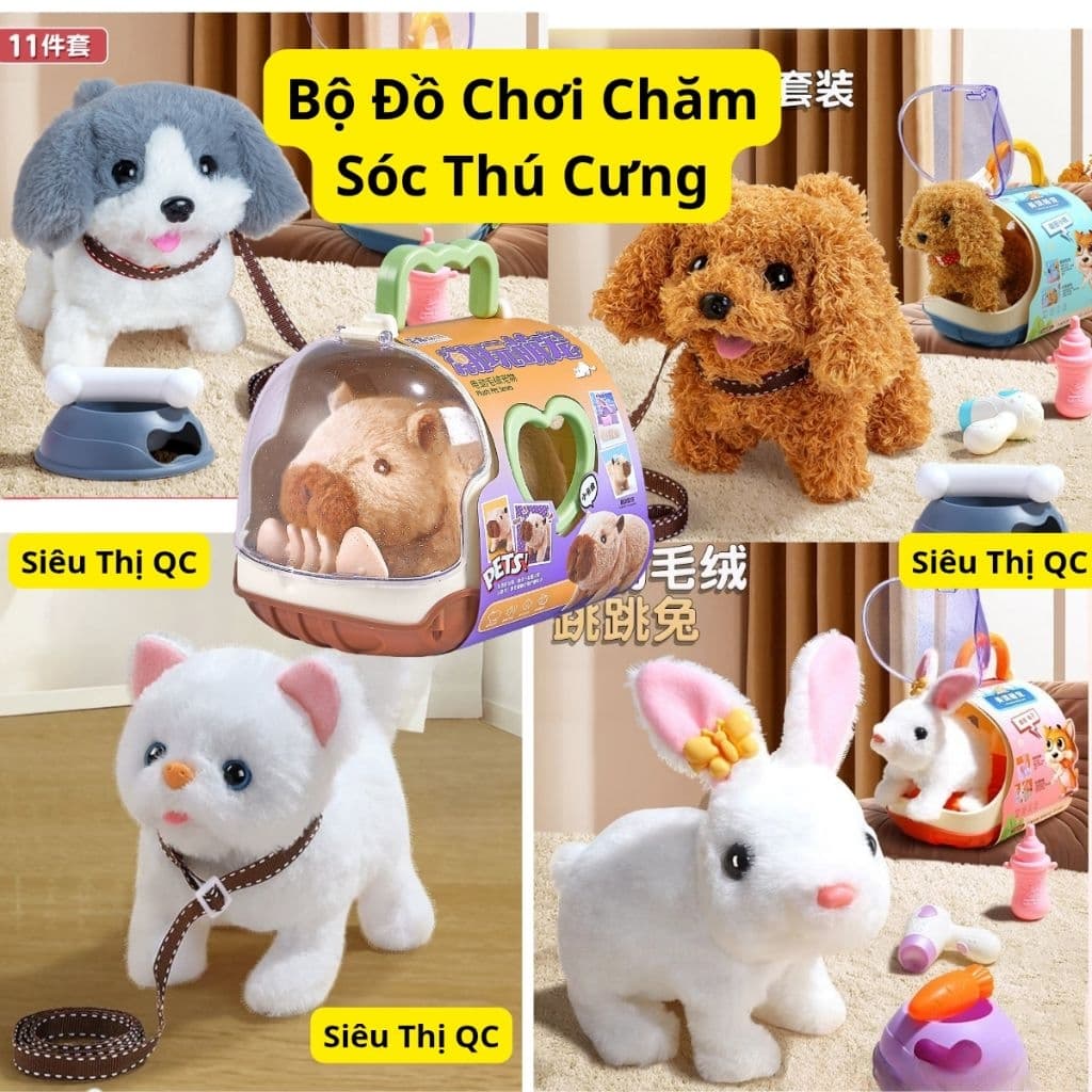 Đồ Chơi Chăm Sóc Thú Cưng Capybara Cho Bé – Chó Bông, Mèo Bông, Thỏ Bông Biết Đi Kêu, Vẫy Đuôi Kèm Lồng & Phụ Kiện