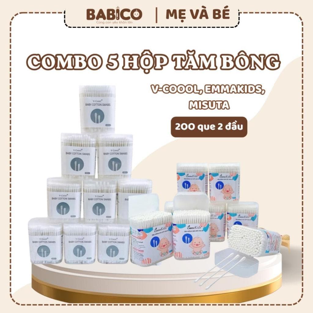 ( K&S ) Combo 5 Hộp Tăm Bông Trẻ Em 200 Que Hãng Vcoool,Misuta Kháng Khuẩn Cho Bé .