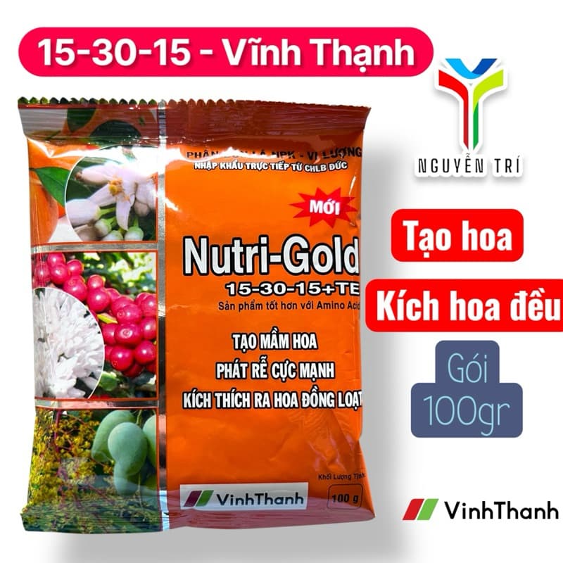 Phân bón Nutri-Gold 15-30-15 - Gói 100gr - Tăng tạo mầm hoa, kích hoa đồng loạt, phát rễ cực mạnh