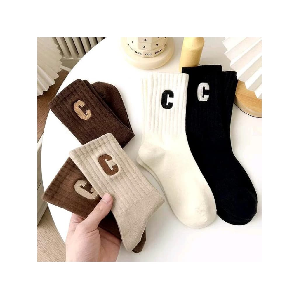 SET 5 Tất Cổ Cao Nam Nữ Họa Tiết Chữ C, Vải Cotton Mềm Mịn Co Dãn Thoáng Khí, vớ họa tiết chữ C đơn giản mix các màu