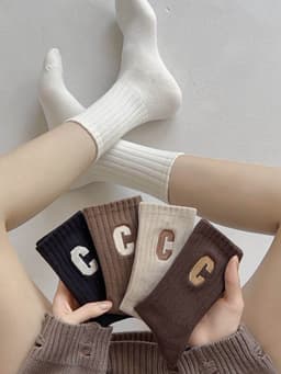 SET 5 Tất Cổ Cao Nam Nữ Họa Tiết Chữ C, Vải Cotton Mềm Mịn Co Dãn Thoáng Khí, vớ họa tiết chữ C đơn giản mix các màu 8