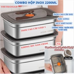 ( COMBO 5 hộp 2200ML ) inox 304 loại 1 có đắp đậy hút chân không khay đựng thực phẩm đồ ăn trong tủ lạnh An Toàn Sạch Sẽ 1