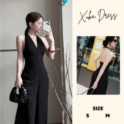 Jump đen cổ yếm dáng dài hở lưng ống rộng vải cao cấp dự tiệc công sở Xukadress 2