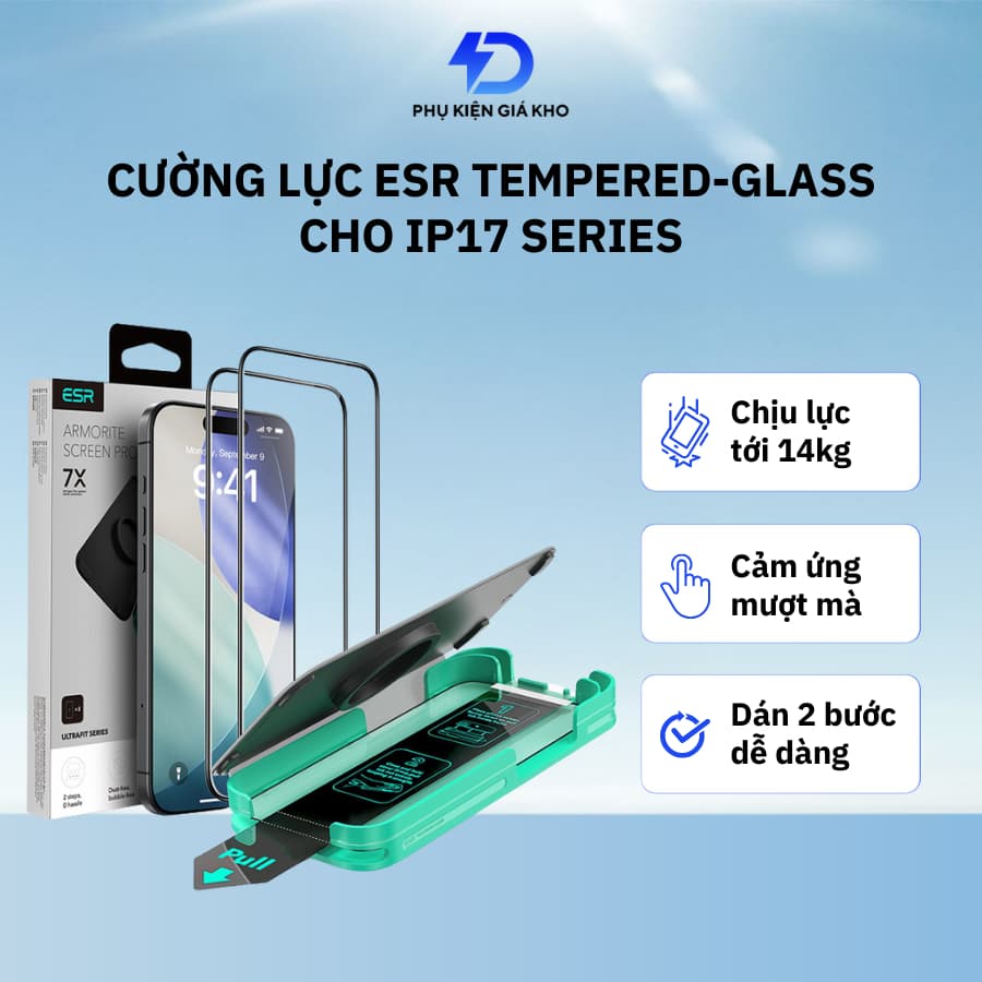 Cường lực bảo vệ màn hình ESR Tempered Glass kèm khung tự dán cho iphone Air 17 Pro/ProMax