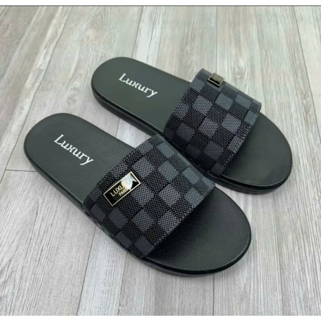 Dép nam quai da PU cao cấp, LOGO LUXURY, quai khâu - đế bằng 2 lớp êm chân