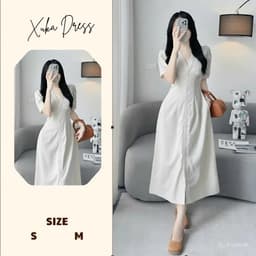 Váy midi màu kem, đầm suông dài qua gối thời trang nữ đơn giản, thanh lịch Xukadress 2
