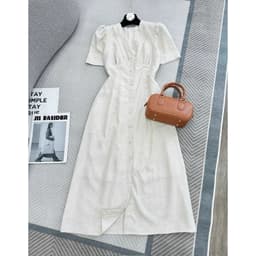 Váy midi màu kem, đầm suông dài qua gối thời trang nữ đơn giản, thanh lịch Xukadress 5