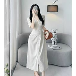Váy midi màu kem, đầm suông dài qua gối thời trang nữ đơn giản, thanh lịch Xukadress 6