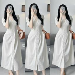 Váy midi màu kem, đầm suông dài qua gối thời trang nữ đơn giản, thanh lịch Xukadress 3