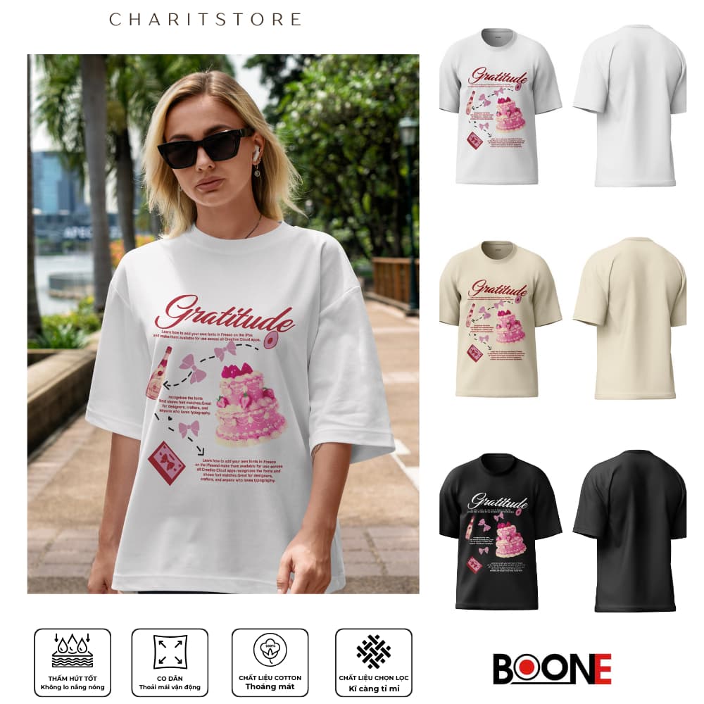 Áo thun Unisex Nam Nữ in hình BÁNH KEM GRATITUDE, chất cotton 100% - BOONE - BNE00136