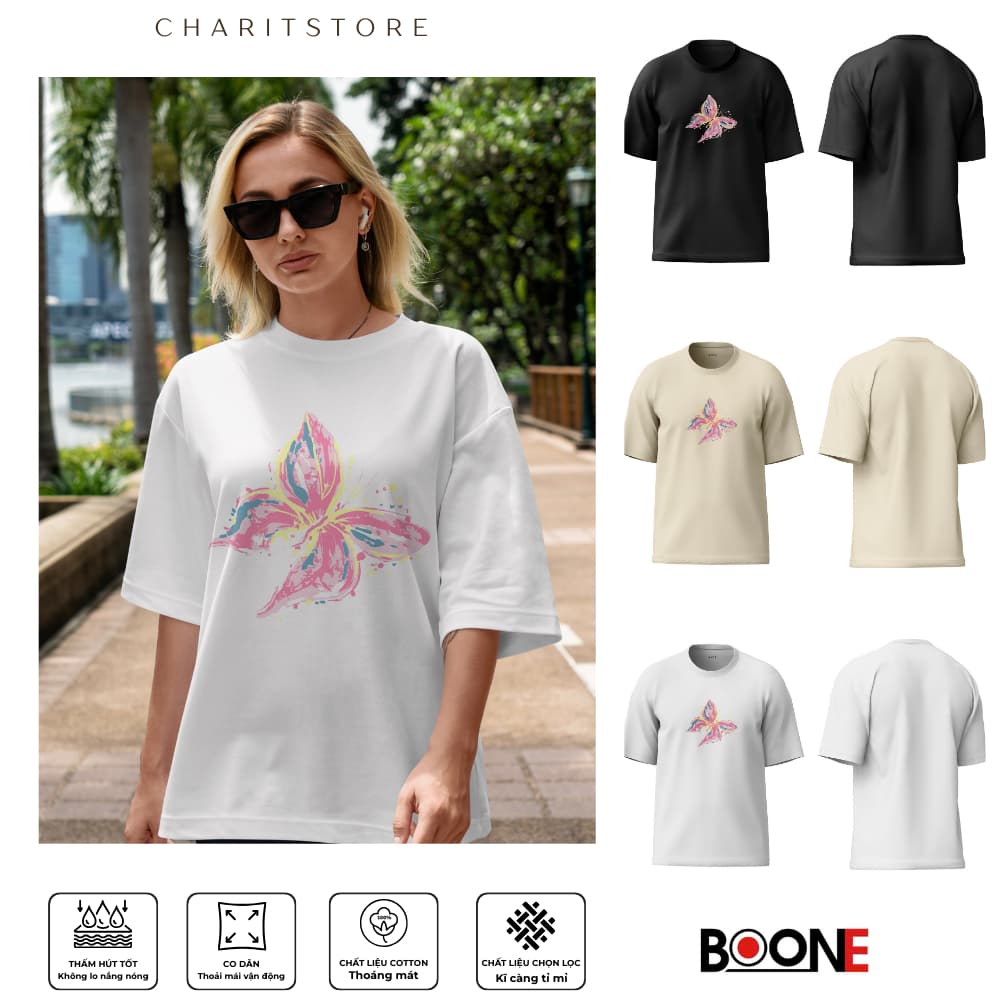 Áo thun Unisex Nam Nữ in hình BƯỚM pha màu xanh hồng vàng, chất cotton 100% - BOONE - BNE00126