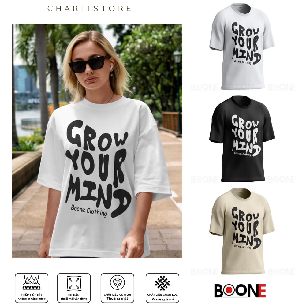 Áo thun Unisex Nam Nữ in chữ GROW YOUR MIND, chất cotton 100% - BOONE - BNE00012