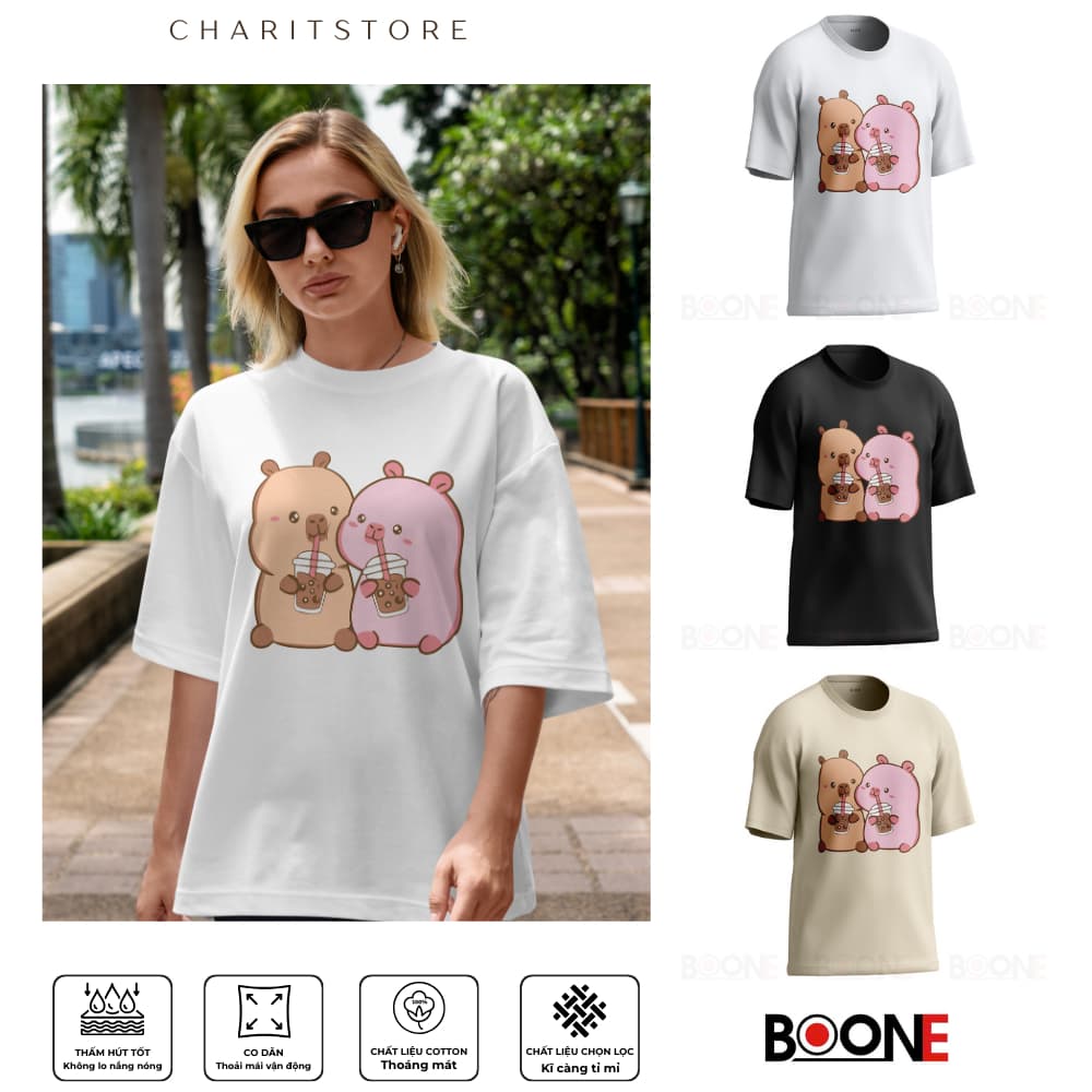 Áo thun in hình CAPYBARA BOONE unisex nam nữ, chất cotton 100%