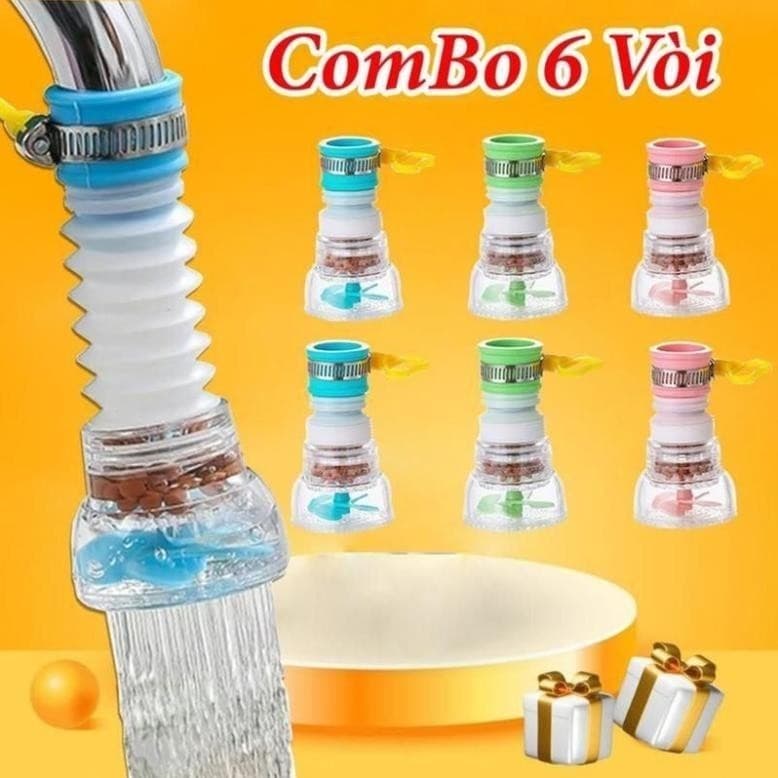COMBO 6 Đầu Vòi Lọc Chống Bắn Nước Có Bộ Lọc Xoay 360 Độ - Đầu Lọc Nước 3 Tầng Kéo Dãn 12cm