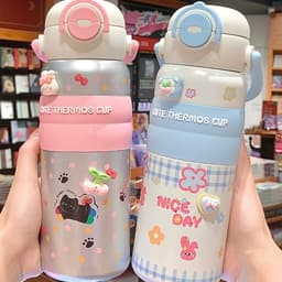 Bình giữ nhiệt CUTE THERMOS CUP hoạ tiết gấu và mèo bắt mắt , Cốc nước có quai xách và voi nhiều màu 5