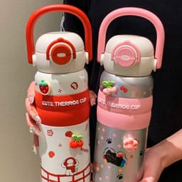 Bình giữ nhiệt CUTE THERMOS CUP hoạ tiết gấu và mèo bắt mắt , Cốc nước có quai xách và voi nhiều màu 2