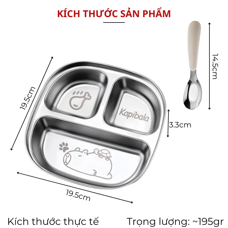 Khay Cơm Inox 3 Ngăn TẶNG THÌA, Lòng Sâu 3.3cm Bát Ăn In Hình Thú Dễ Thương