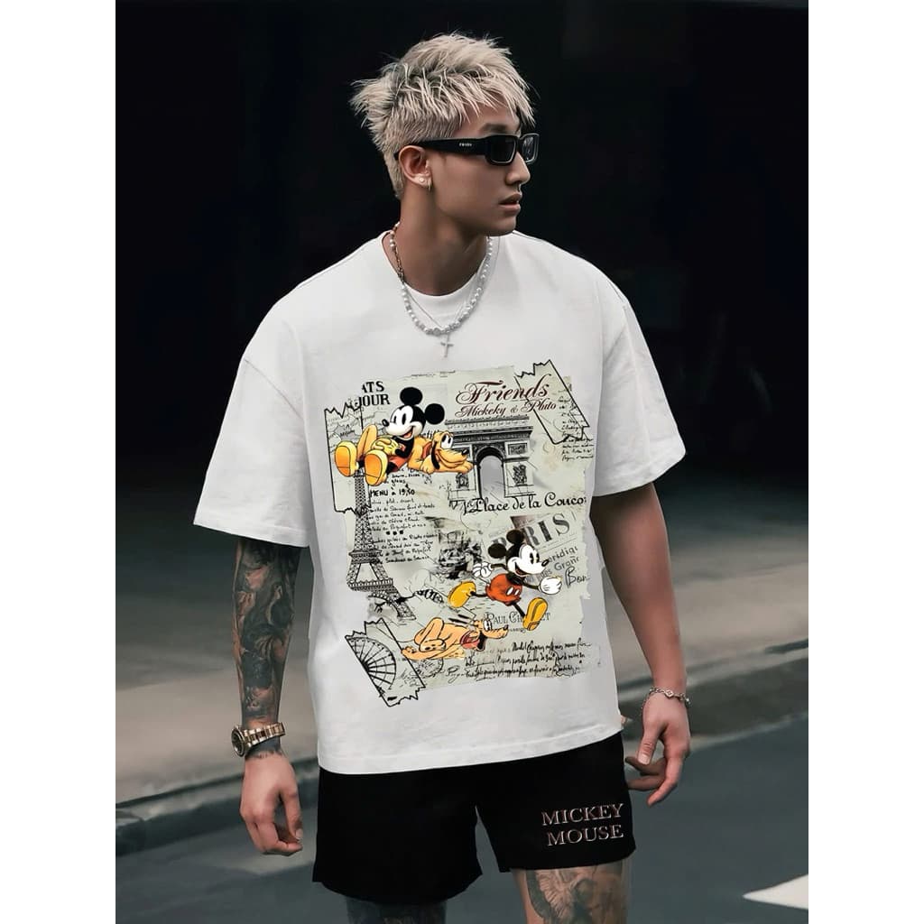 Bộ Áo Thun Quần Đùi Mickey Mouse Form Rộng Áo Vải Cotton 2c, Quần Chân Cua Dày Dặn
