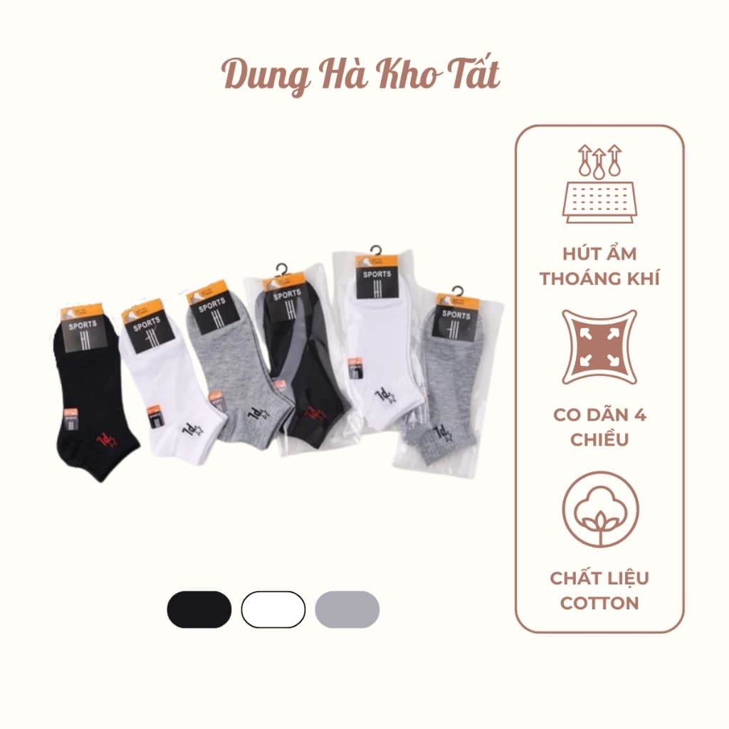 Set 10 Đôi Tất Nam Cổ Ngắn Cotton Thể Thao Chữ R Co Giãn Thấm Hút Mồ Hôi Bo Chun Êm Chân Freesize 39-44