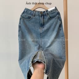 𝑨𝒏𝒏 𝑺𝒕𝒖𝒅𝒊𝒐 [SẴN]  Chân Váy Bò Dài Xẻ Trước Lưng Cao Y2K Cao Cấp, Chất Jean Dày Đẹp Dáng Suông Màu Xanh Retro 8