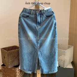 𝑨𝒏𝒏 𝑺𝒕𝒖𝒅𝒊𝒐 [SẴN]  Chân Váy Bò Dài Xẻ Trước Lưng Cao Y2K Cao Cấp, Chất Jean Dày Đẹp Dáng Suông Màu Xanh Retro 6