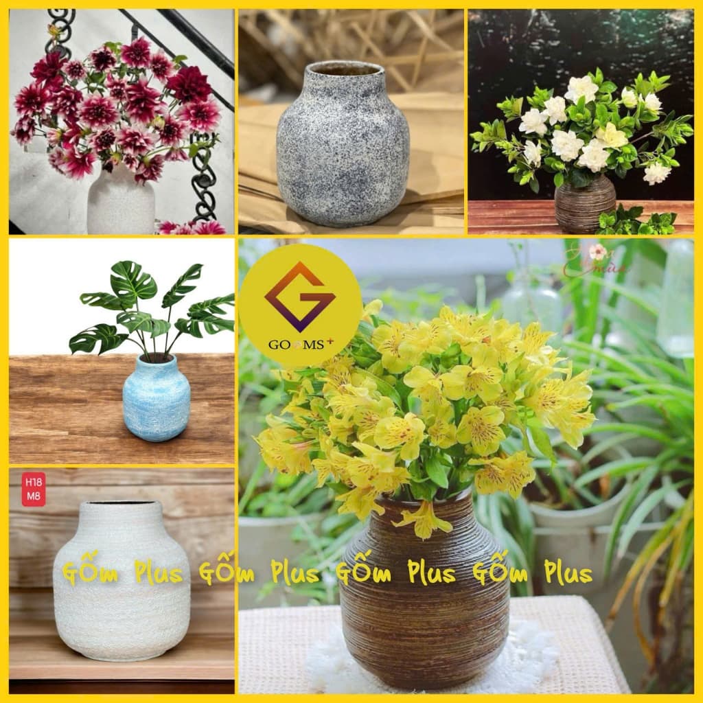 Lọ hoa decor gốm sứ Bát Tràng vân ganh men atlantic và nâu mộc dáng bóng đèn