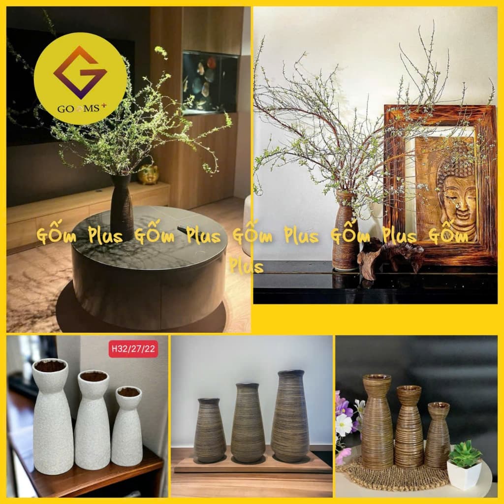 Lọ hoa decor vân ganh men mộc dáng loe phình đáy gốm Bát Tràng