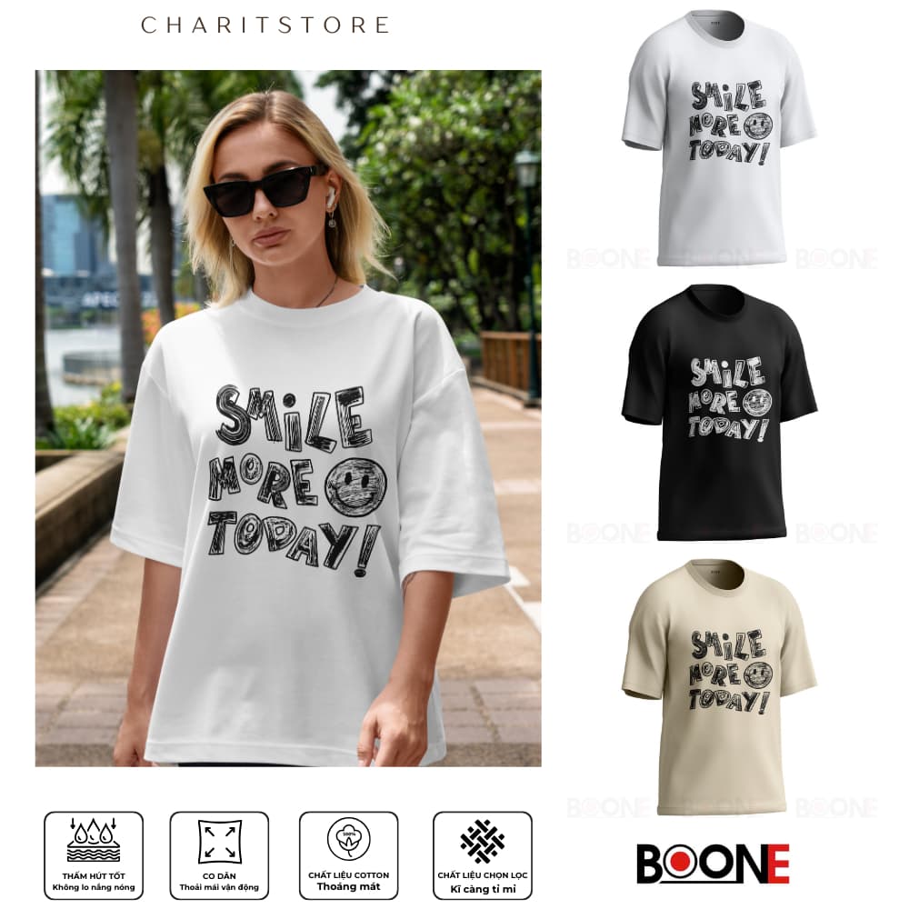 Áo thun Unisex Nam Nữ in chữ SMILE MORE TODAY, chất cotton 100% - BOONE - BNE00013