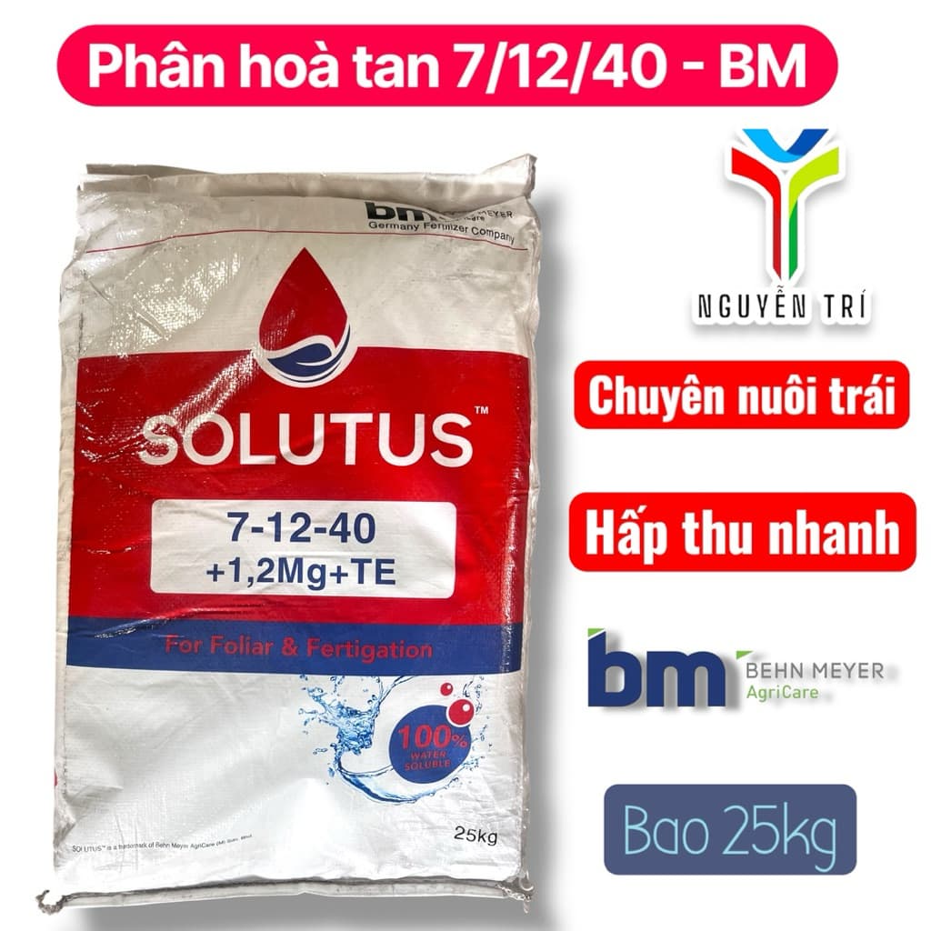 Phân bón NPK Solutus 7-12-40+1.2Mg+TE - Tan hoàn toàn -Giúp trái to, tăng độ ngọt, nặng ký, bao 25kg