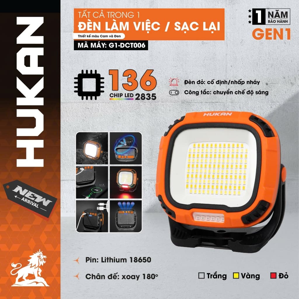 Đèn chiếu sáng dùng pin HUKAN G1-DCT006, Đèn bóng LED siêu sáng - Dùng pin sạc lại - Đế xoay 180 độ