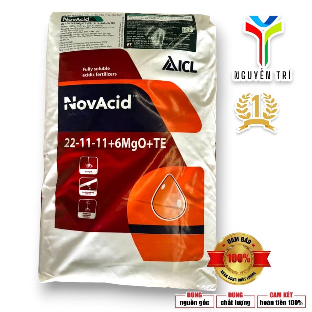 Phân bón NPK NovAcid 22-11-11+6MgO+TE - ICL Israel - Dưỡng chồi, phát đọt, xanh lá, bao 25kg