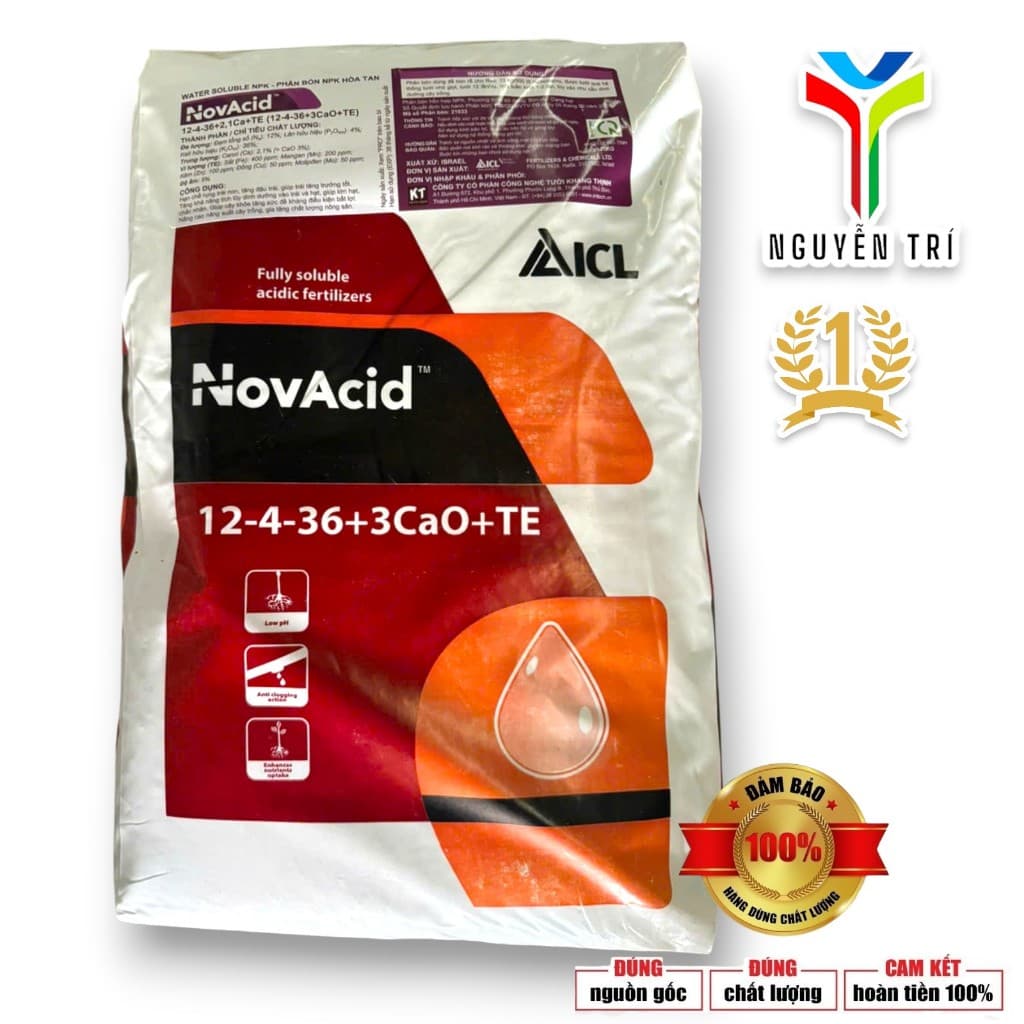 Phân bón NPK NovAcid 12-4-36+3CaO+TE - ICL Israel - Giúp trái to, tăng ngọt, nặng ký, bao 25kg
