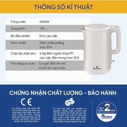 Ấm Đun Siêu Tốc Bluestone KTB-3457, Thân Ấm 2 Lớp Nhựa PP và Inox 304, 1800w-1.5Lit, Hàng Chính Hãng 3