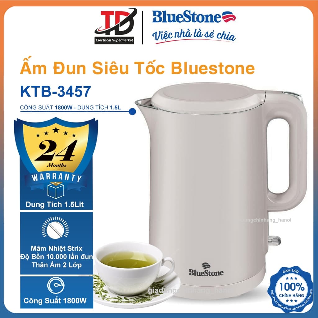 Ấm Đun Siêu Tốc Bluestone KTB-3457, Thân Ấm 2 Lớp Nhựa PP và Inox 304, 1800w-1.5Lit, Hàng Chính Hãng