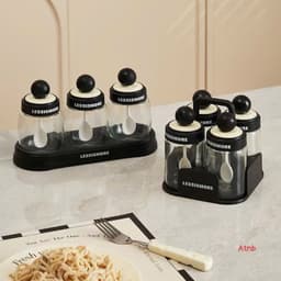 Sét 3,4 Hũ Đựng Gia Vị Thuỷ Tinh Kèm Thìa Màu Đen - Trắng ( Có Khay Đựng Tiện Lợi ) 1