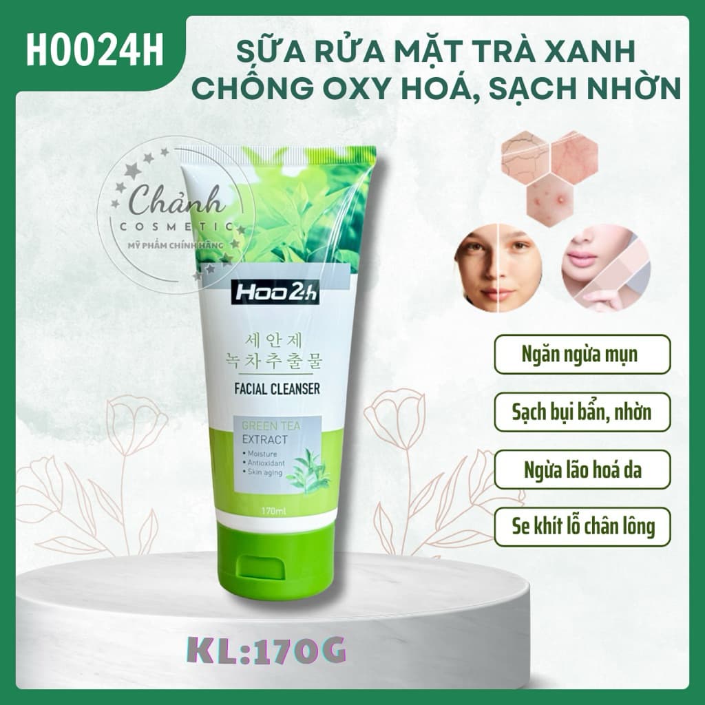 Sữa Rửa Mặt Chiết Xuất Trà Xanh HOO24H Làm Sạch Da, Giảm Nhờn, Ngừa Mụn, Chống Lão Hoá 170ml