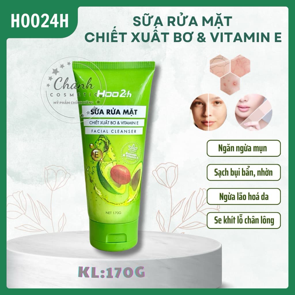 Sữa Rửa Mặt Chiết Xuất Bơ & Vitamin E HOO24H Làm Sạch Da, Giảm Bã Nhờn, Ngừa Mụn, Ngừa Lão Hoá 170g