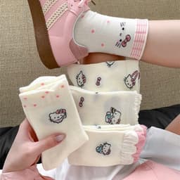Set 10 đôi Tất Vớ màu kem hello kitty cổ cao phong cách Lolita co giãn dễ thương cotton 4 chiều 2
