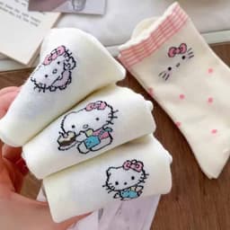 Set 10 đôi Tất Vớ màu kem hello kitty cổ cao phong cách Lolita co giãn dễ thương cotton 4 chiều 3