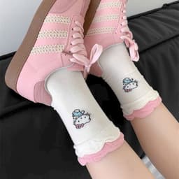 Set 10 đôi Tất Vớ màu kem hello kitty cổ cao phong cách Lolita co giãn dễ thương cotton 4 chiều 4