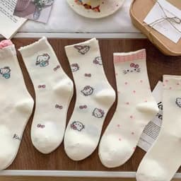 Set 10 đôi Tất Vớ màu kem hello kitty cổ cao phong cách Lolita co giãn dễ thương cotton 4 chiều 5