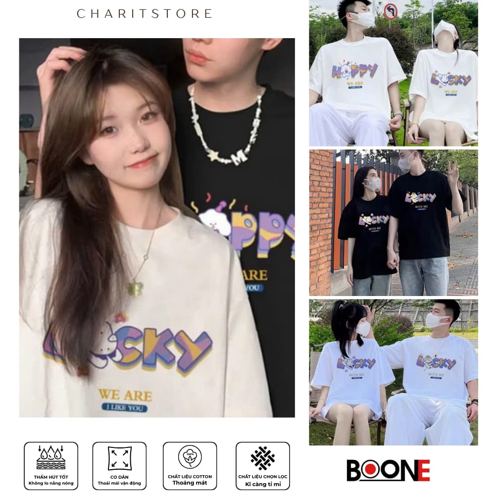 Áo thun Unisex Nam Nữ Áo đôi in chữ LUCKY - HAPPY, chất cotton 100% - BOONE - BNE00022