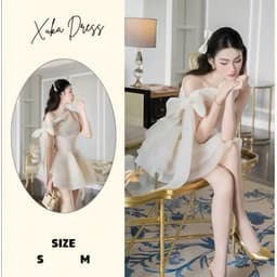Đầm kem lệch vai nơ, váy xoè dự tiệc, đi chơi nữ sang chảnh Xukadress 2
