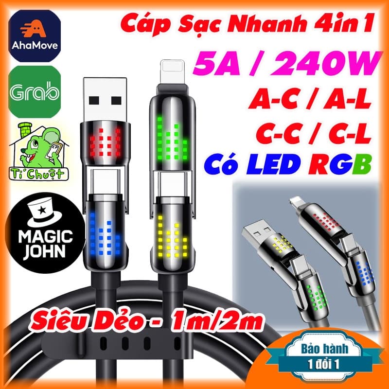 Cáp Sạc Nhanh 240W / 5A có 4 đầu 4 in 1 Đa Năng Magic John có chip EMarker & đèn LED RGB Chống Gãy cho iPhone / Android
