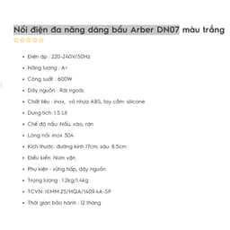 Nồi điện đa năng dáng bầu Arber DN07 kèm xửng hấp dung tích 1,5L đường kính 17cm bảo hành 12 tháng 8