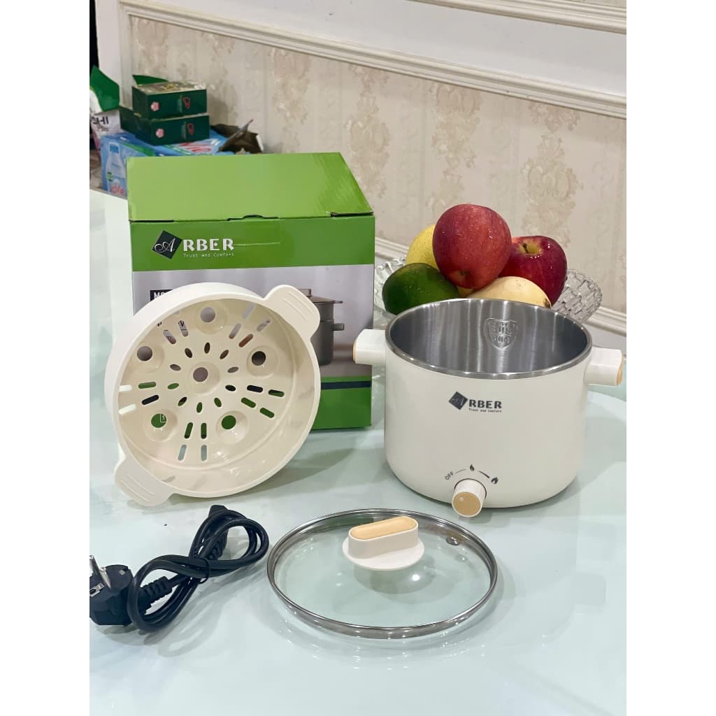 Nồi lẩu mini kèm xửng hấp Arber DN06 Nồi điện đa năng dung tích 1L5 bảo hành 12 tháng