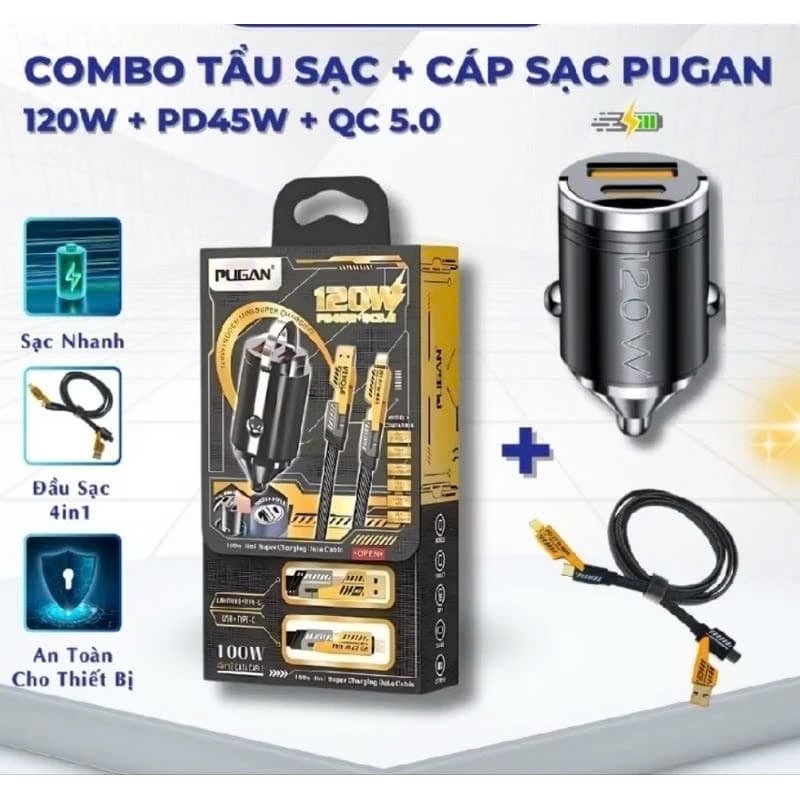 Tẩu sạc nhanh ô tô PUGAN sạc siêu nhanh cắm tẩu âm nguồn 2 cổng USB và TYPE C sạc siêu nhanh
