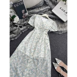 Đầm thêu hoa cổ v Xukadress, váy xanh nhã nhặn dịu dàng thướt tha tôn dáng 4