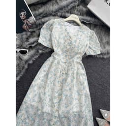Đầm thêu hoa cổ v Xukadress, váy xanh nhã nhặn dịu dàng thướt tha tôn dáng 5